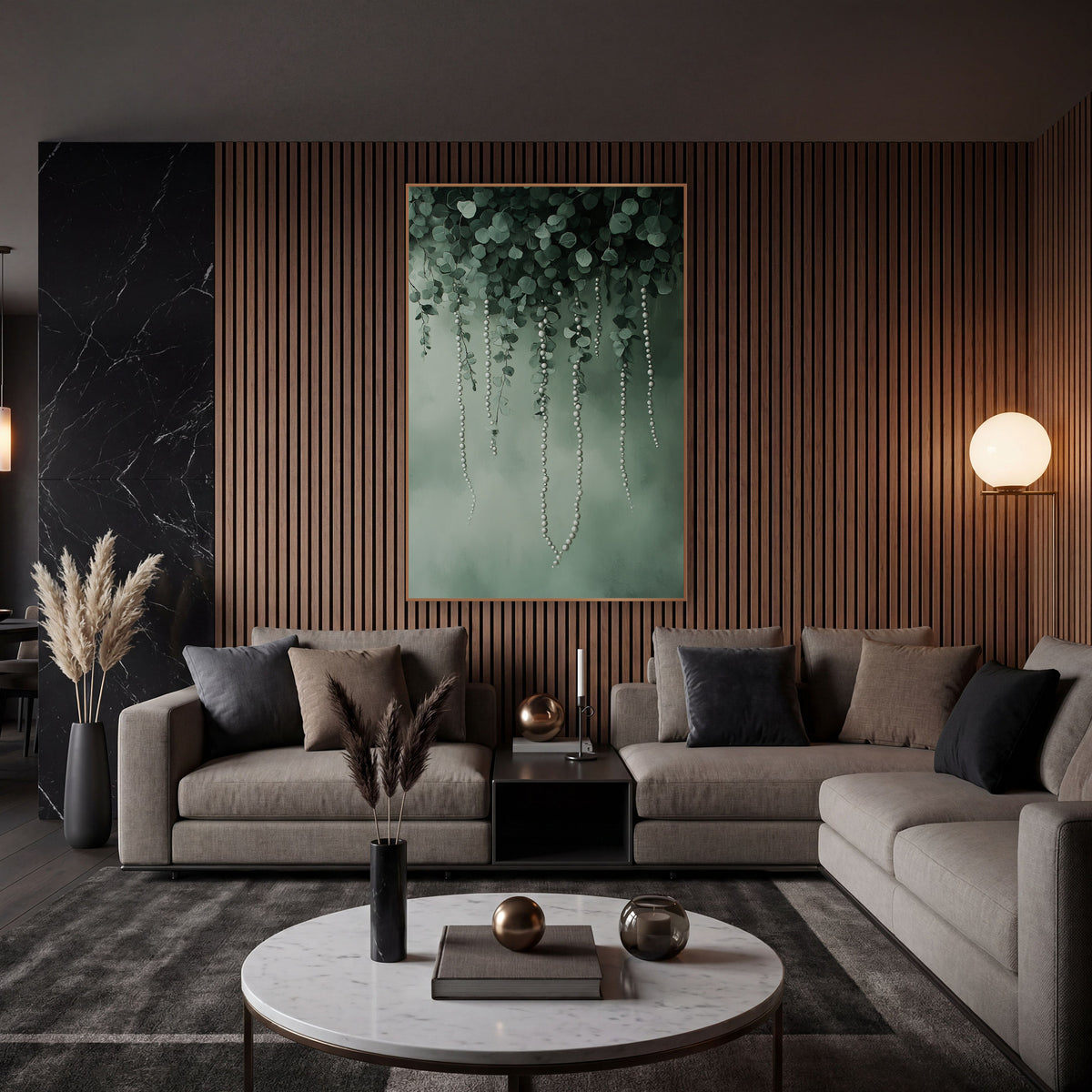 Hanging Pearl Strands Eucalyptus Botanical wall art in an elegant modern room – round green leaves with hanging
