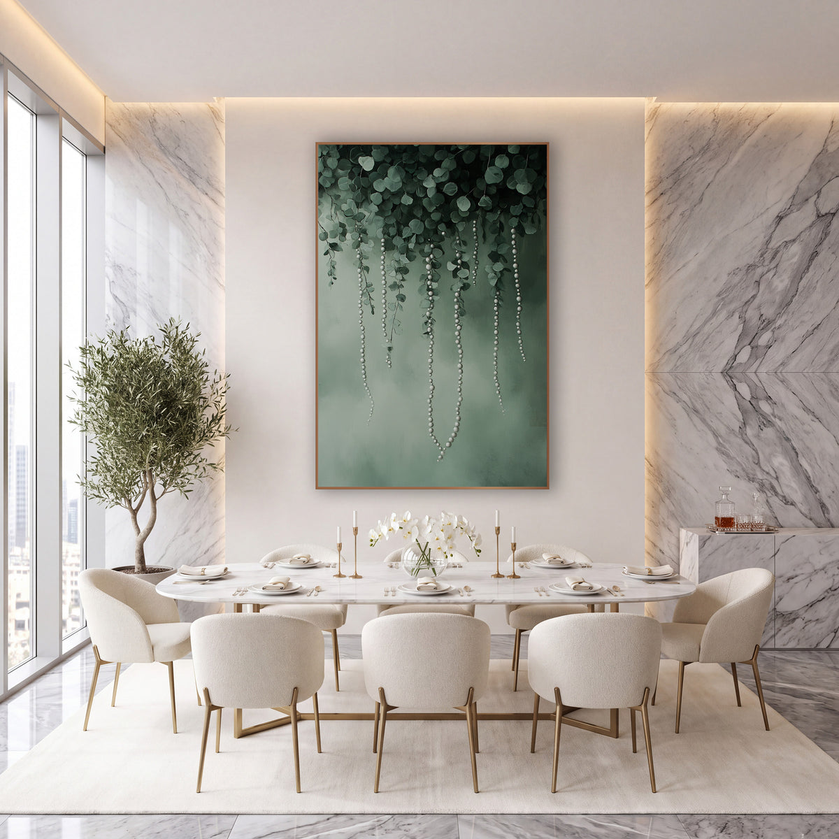 Hanging Pearl Strands Eucalyptus Botanical wall art in an elegant modern room – round green leaves with hanging