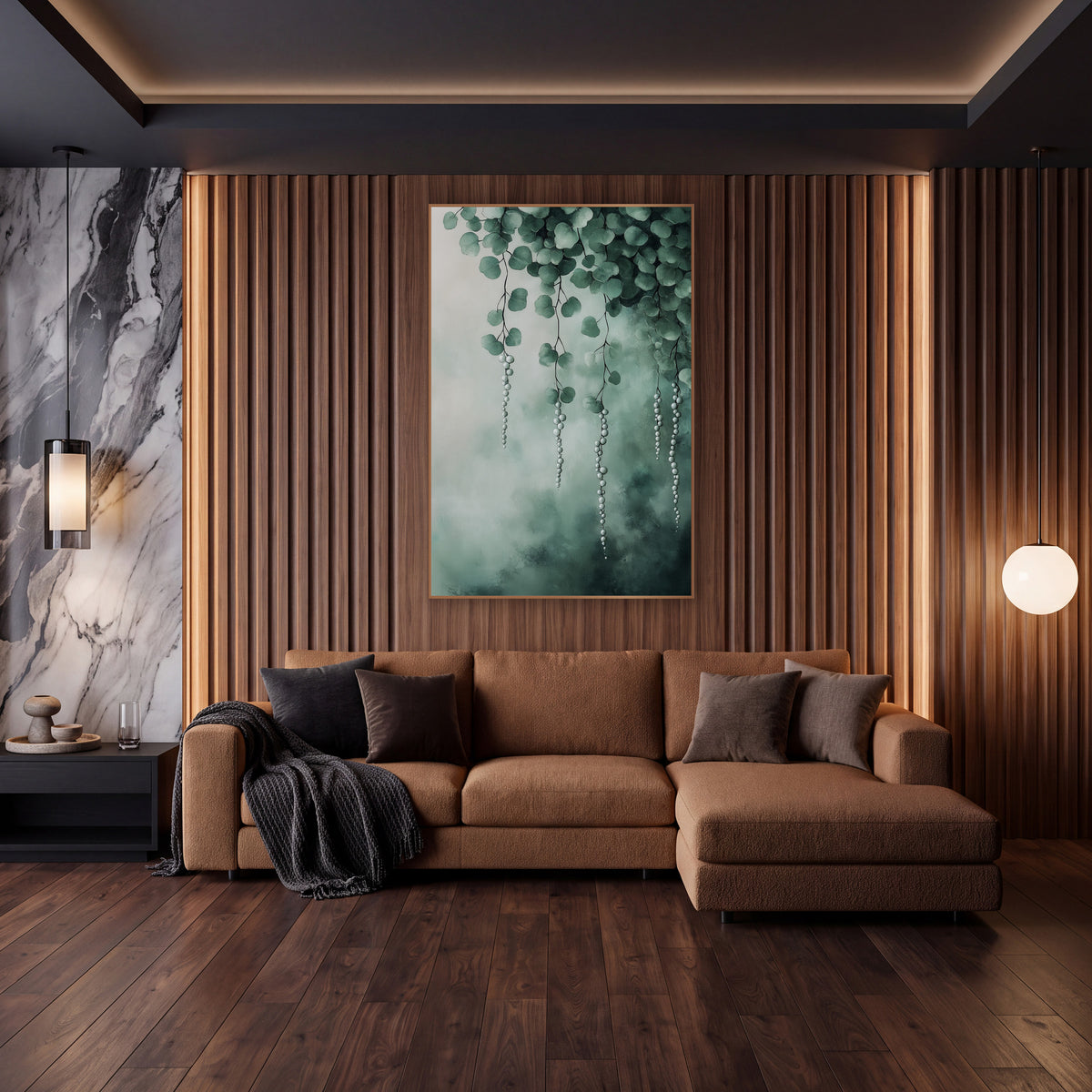 Misty Teal Pearl Strands Canopy wall art in an elegant modern room – green leafy vines with hanging strands of pale