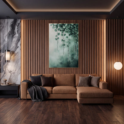 Misty Teal Pearl Strands Canopy wall art in an elegant modern room – green leafy vines with hanging strands of pale