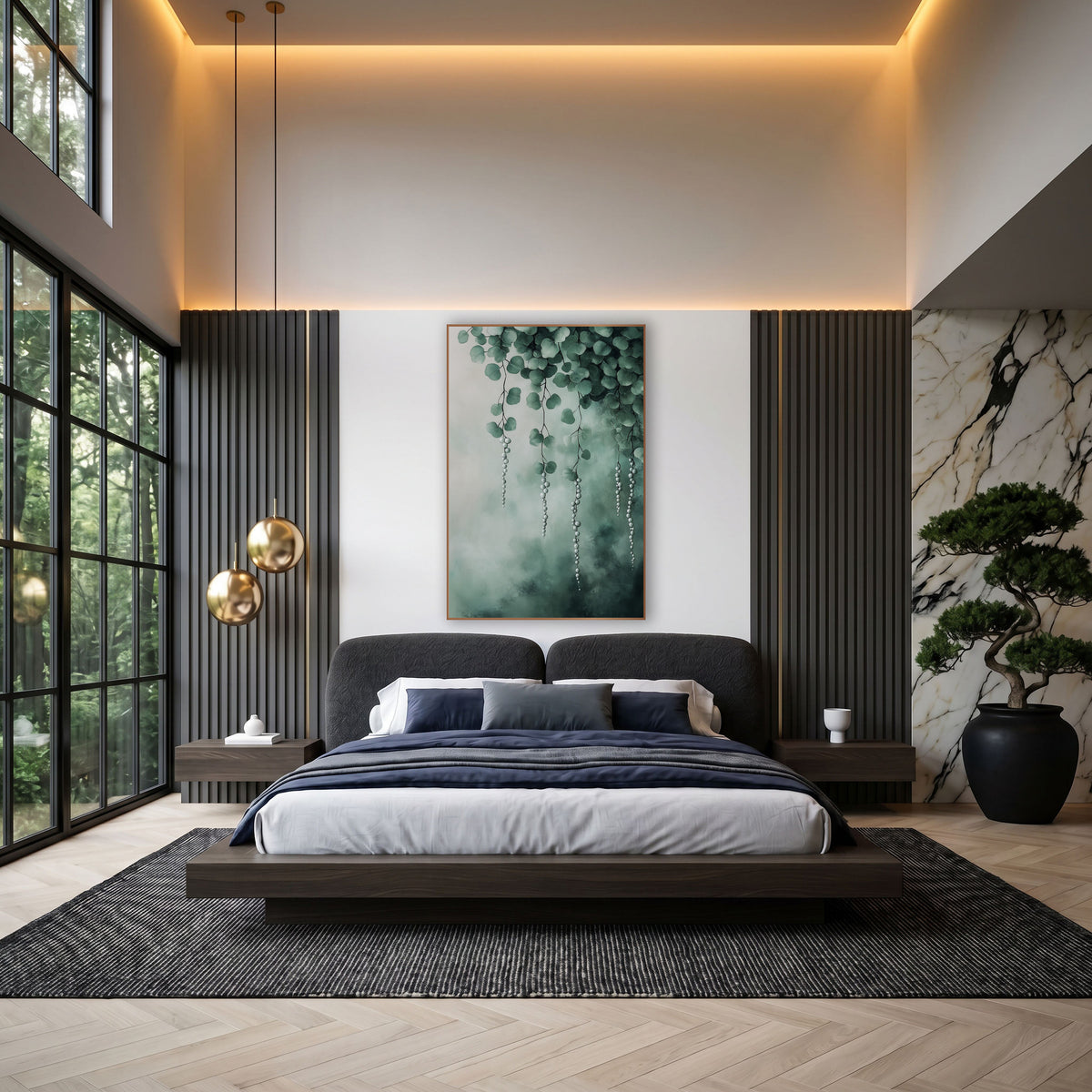 Misty Teal Pearl Strands Canopy wall art in an elegant modern room – green leafy vines with hanging strands of pale