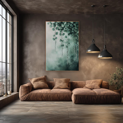 Misty Teal Pearl Strands Canopy wall art in an elegant modern room – green leafy vines with hanging strands of pale