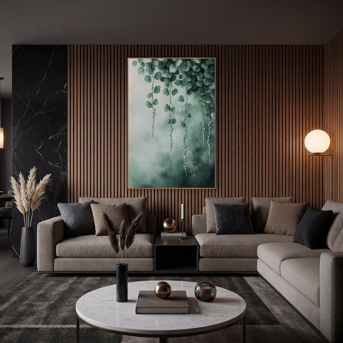 Misty Teal Pearl Strands Canopy wall art in an elegant modern room – green leafy vines with hanging strands of pale