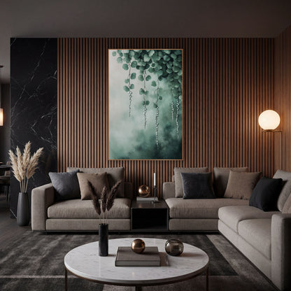 Misty Teal Pearl Strands Canopy wall art in an elegant modern room – green leafy vines with hanging strands of pale