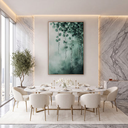 Misty Teal Pearl Strands Canopy wall art in an elegant modern room – green leafy vines with hanging strands of pale
