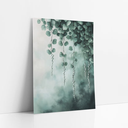 Misty Teal Pearl Strands Canopy art print leaning against a white wall – green leafy vines with hanging strands of pale