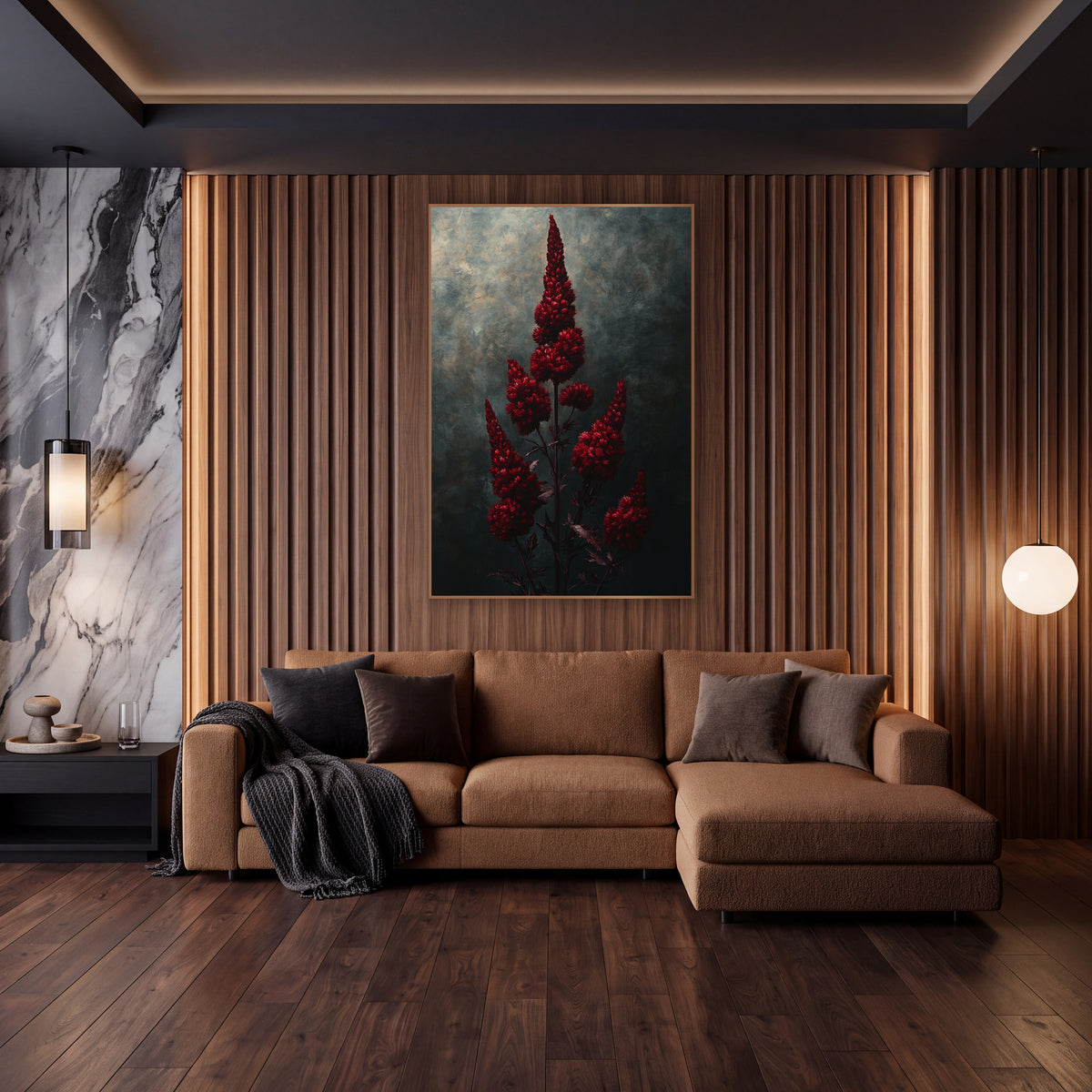 Crimson Celosia Midnight Study wall art in an elegant modern room – tall crimson celosia flower plumes on slender dark