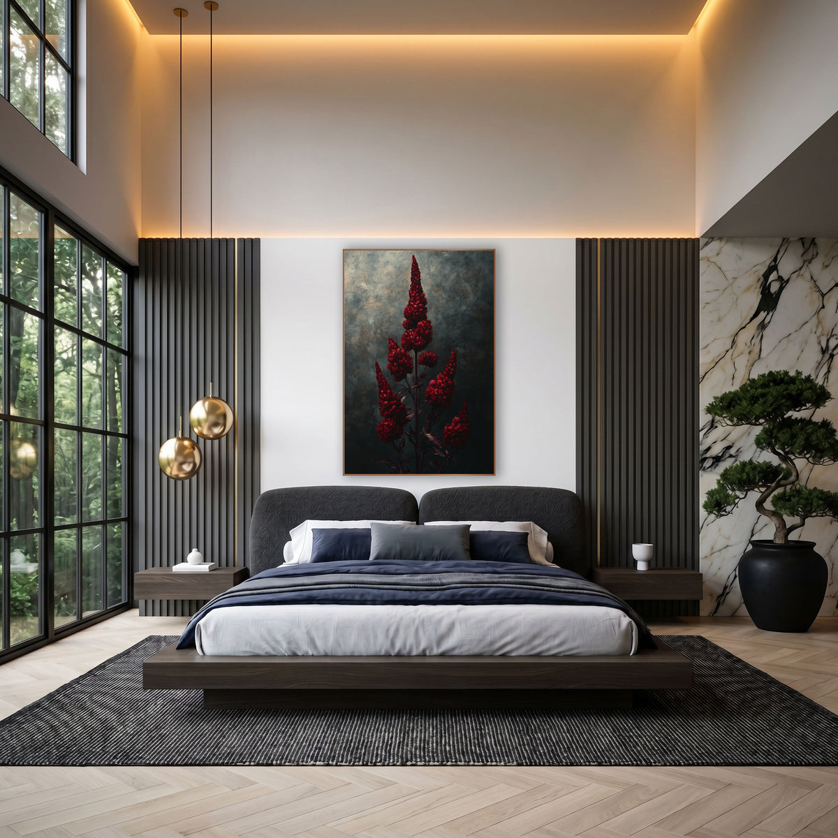 Crimson Celosia Midnight Study wall art in an elegant modern room – tall crimson celosia flower plumes on slender dark