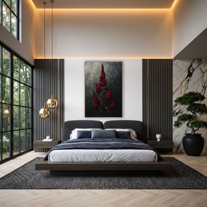 Crimson Celosia Midnight Study wall art in an elegant modern room – tall crimson celosia flower plumes on slender dark