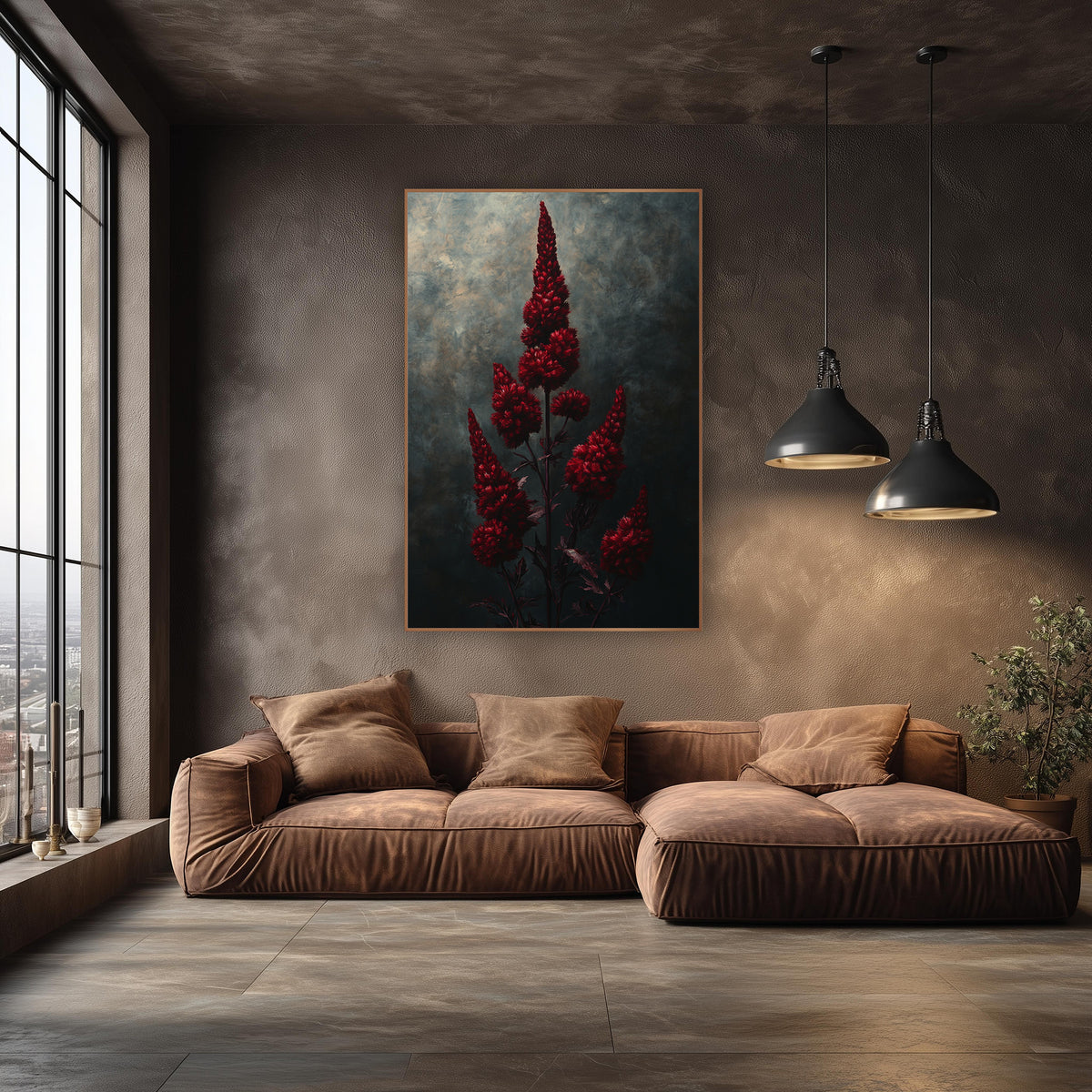 Crimson Celosia Midnight Study wall art in an elegant modern room – tall crimson celosia flower plumes on slender dark