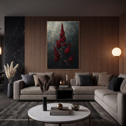 Crimson Celosia Midnight Study wall art in an elegant modern room – tall crimson celosia flower plumes on slender dark