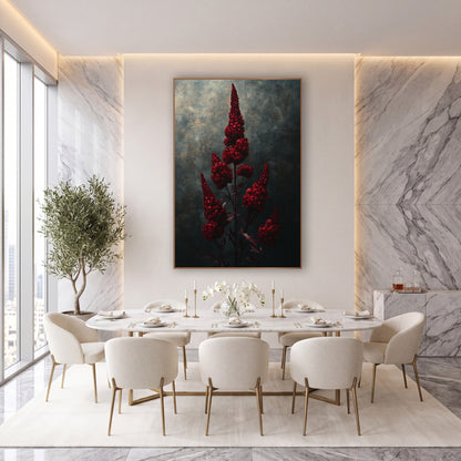 Crimson Celosia Midnight Study wall art in an elegant modern room – tall crimson celosia flower plumes on slender dark