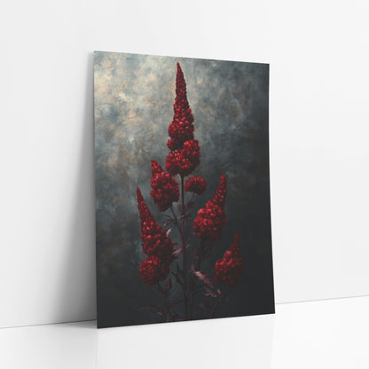 Crimson Celosia Midnight Study art print leaning against a white wall – tall crimson celosia flower plumes on slender dark