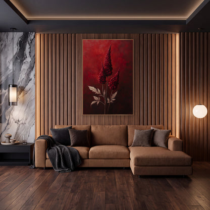 Crimson Celosia Plumes Dramatic Luxe wall art in an elegant modern room – three tall crimson celosia plumes with pale