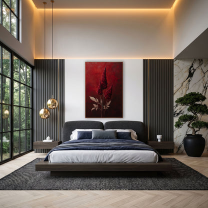Crimson Celosia Plumes Dramatic Luxe wall art in an elegant modern room – three tall crimson celosia plumes with pale