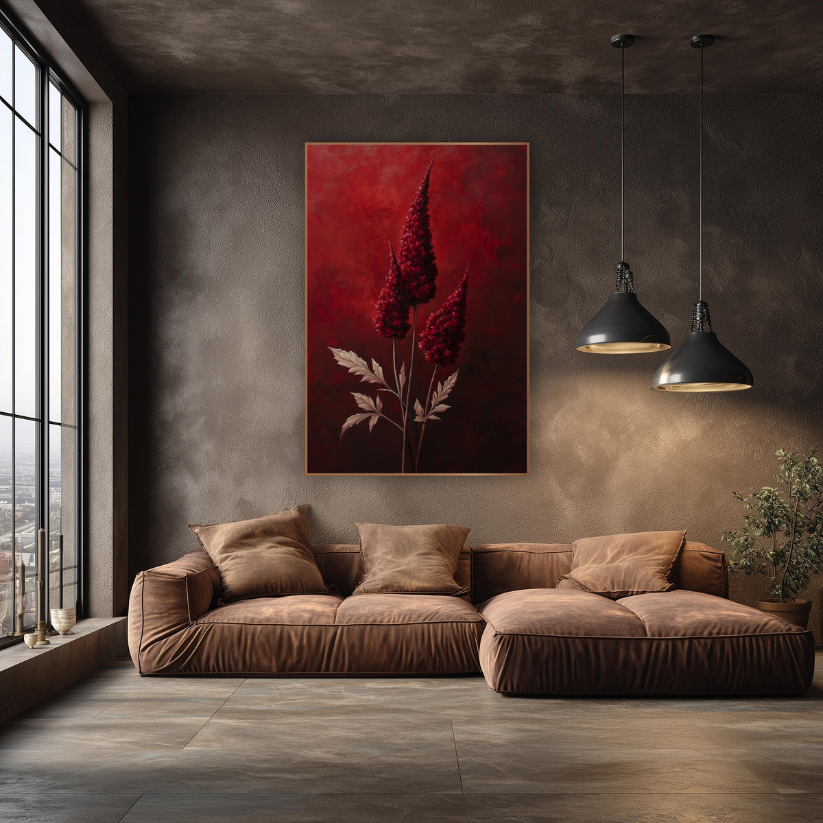 Crimson Celosia Plumes Dramatic Luxe wall art in an elegant modern room – three tall crimson celosia plumes with pale