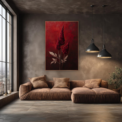Crimson Celosia Plumes Dramatic Luxe wall art in an elegant modern room – three tall crimson celosia plumes with pale