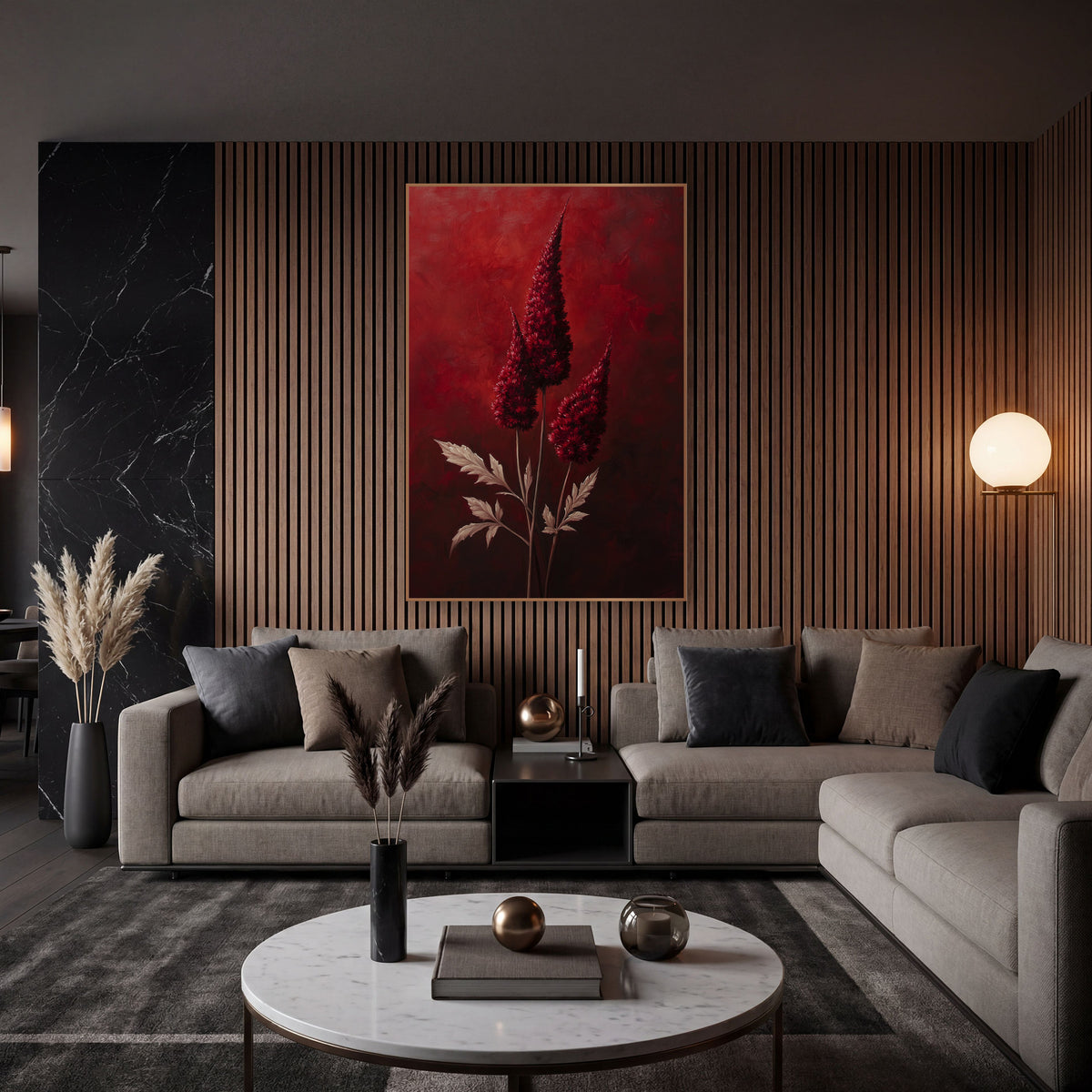 Crimson Celosia Plumes Dramatic Luxe wall art in an elegant modern room – three tall crimson celosia plumes with pale