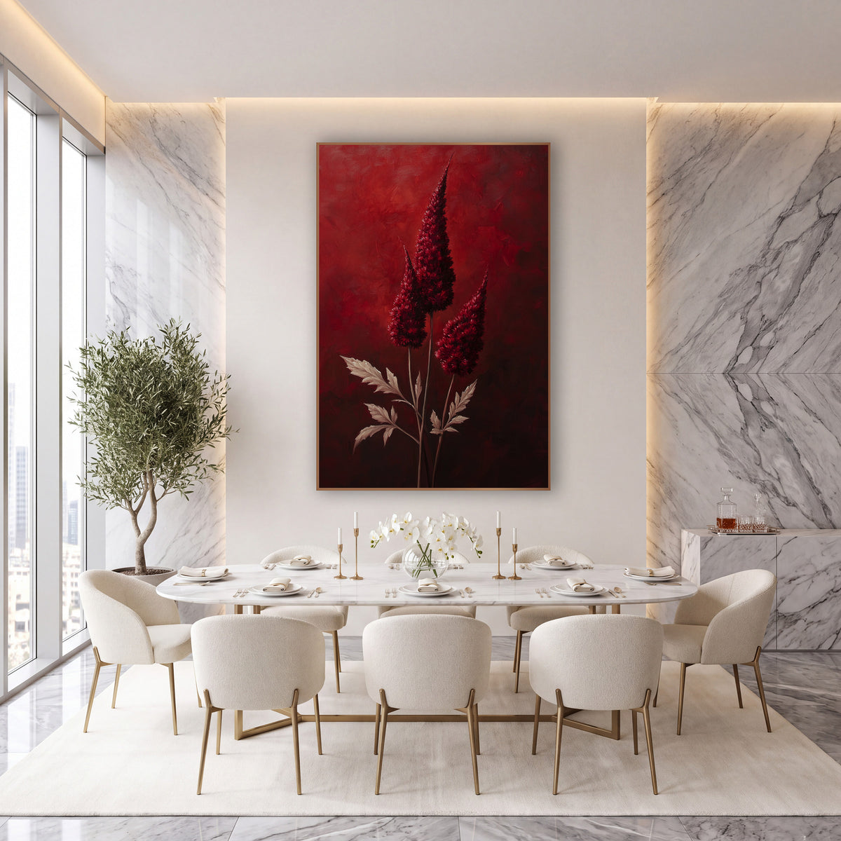 Crimson Celosia Plumes Dramatic Luxe wall art in an elegant modern room – three tall crimson celosia plumes with pale