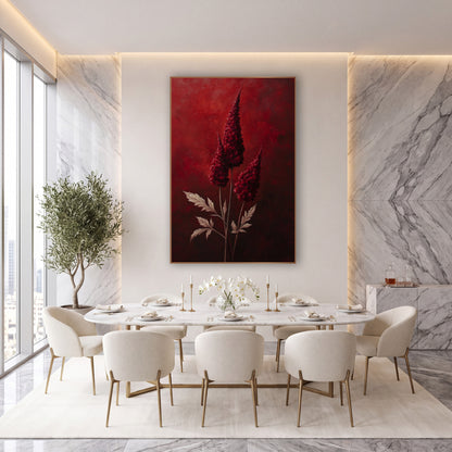 Crimson Celosia Plumes Dramatic Luxe wall art in an elegant modern room – three tall crimson celosia plumes with pale