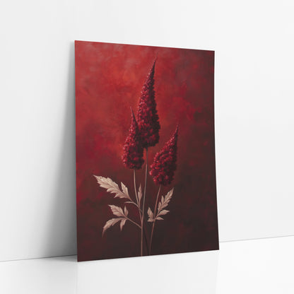 Crimson Celosia Plumes Dramatic Luxe art print leaning against a white wall – three tall crimson celosia plumes with pale