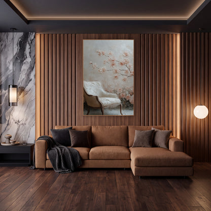 Blush Blossom Branch Vintage Chair wall art in an elegant modern room – blush pink blossom branch above a cream