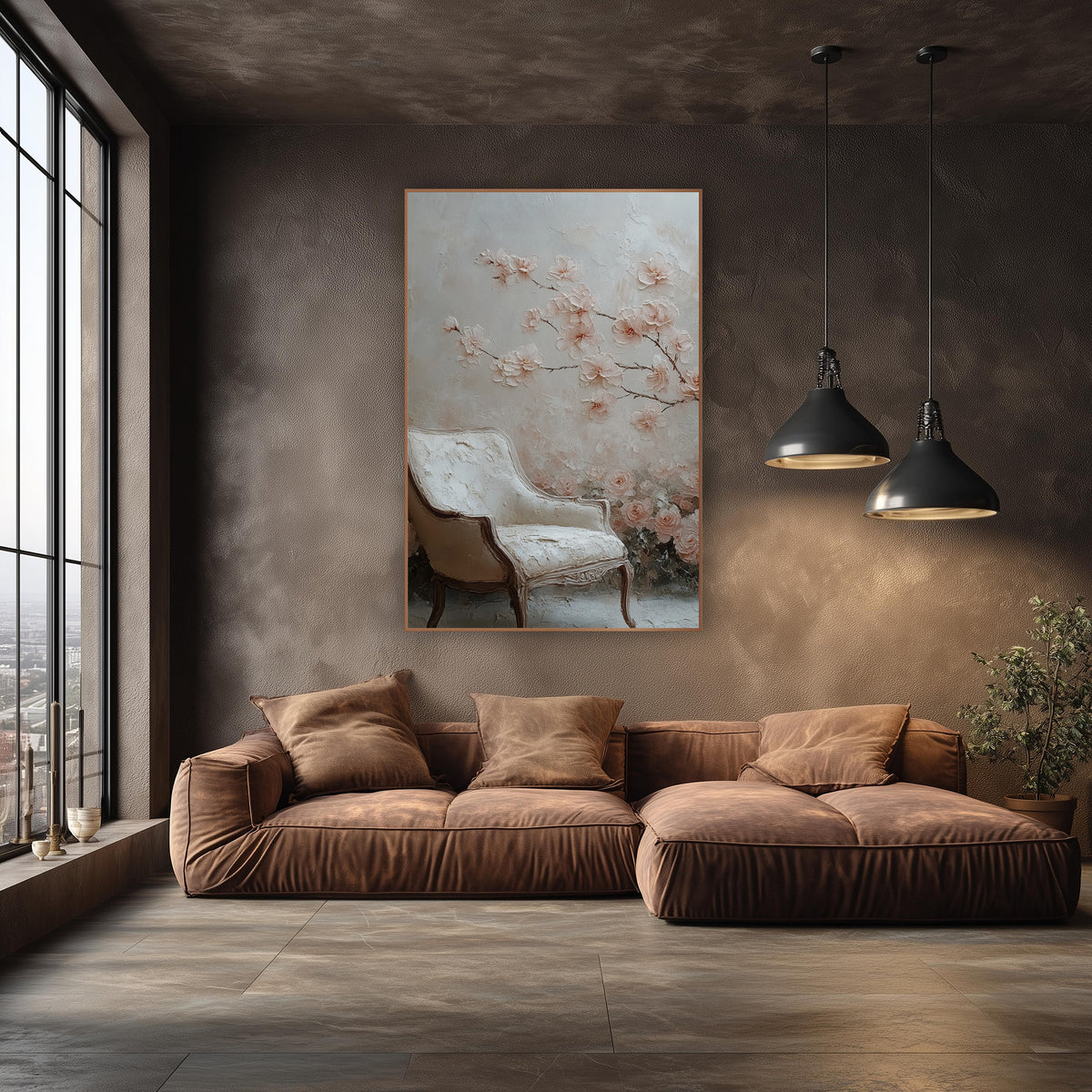 Blush Blossom Branch Vintage Chair wall art in an elegant modern room – blush pink blossom branch above a cream