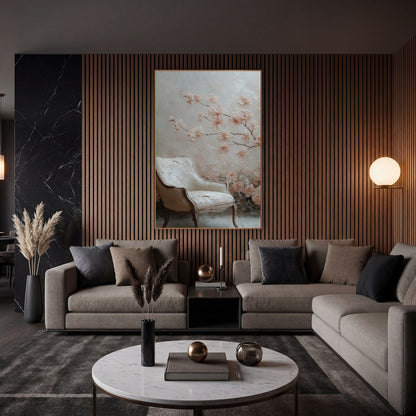 Blush Blossom Branch Vintage Chair wall art in an elegant modern room – blush pink blossom branch above a cream