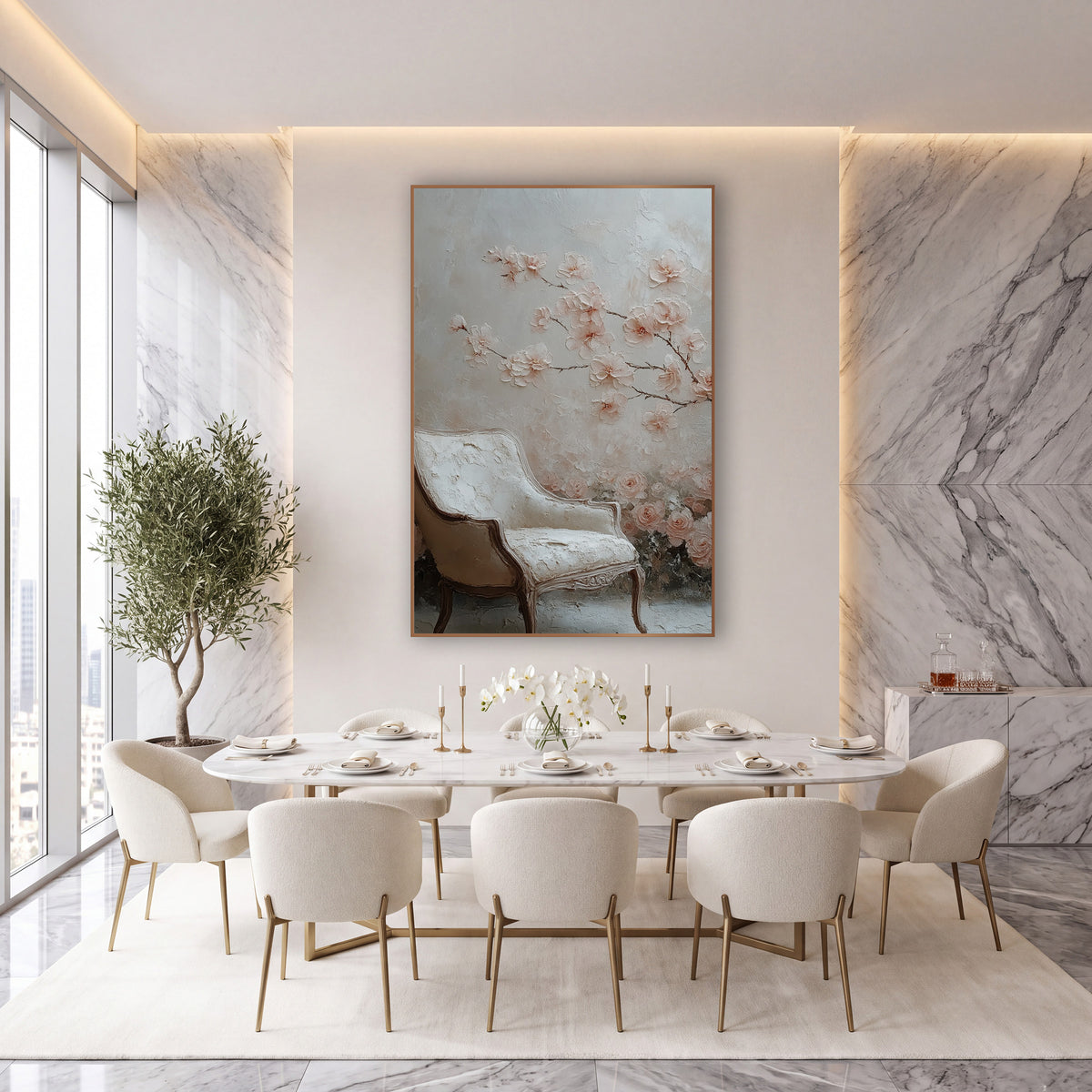Blush Blossom Branch Vintage Chair wall art in an elegant modern room – blush pink blossom branch above a cream