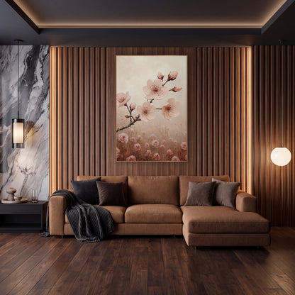 Blossoms Above Rose Field Dreamy wall art in an elegant modern room – pink blossoms and buds on a thorny branch above