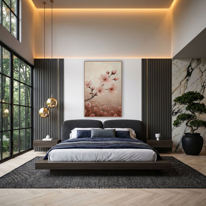Blossoms Above Rose Field Dreamy wall art in an elegant modern room – pink blossoms and buds on a thorny branch above