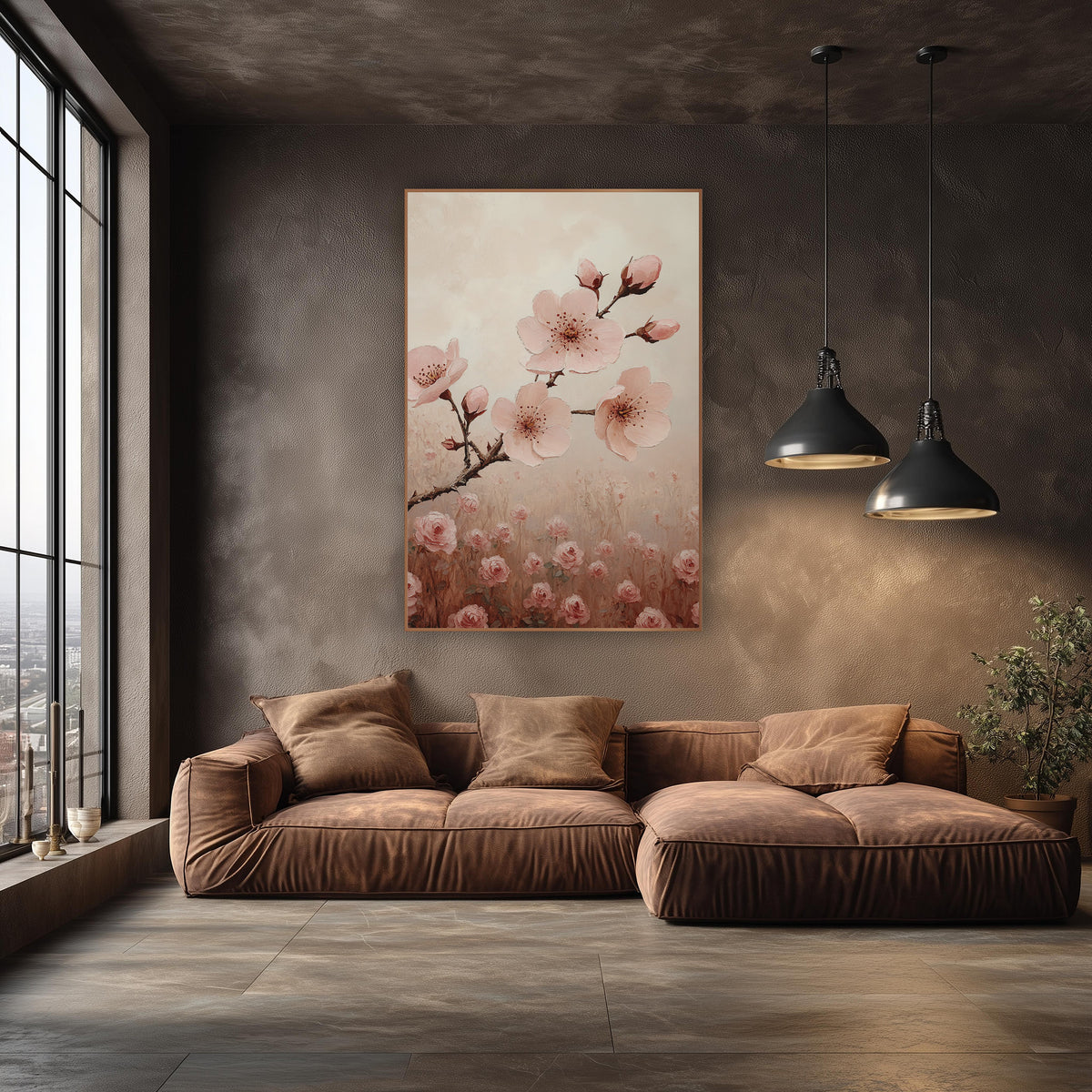 Blossoms Above Rose Field Dreamy wall art in an elegant modern room – pink blossoms and buds on a thorny branch above