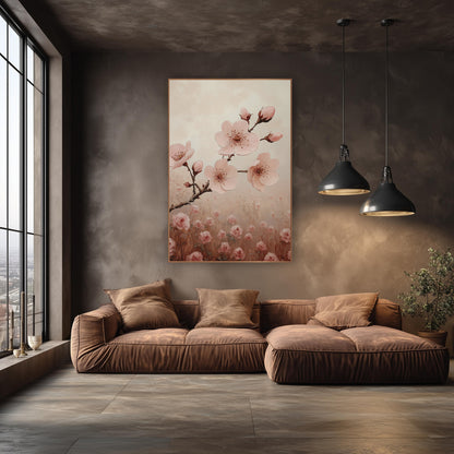 Blossoms Above Rose Field Dreamy wall art in an elegant modern room – pink blossoms and buds on a thorny branch above
