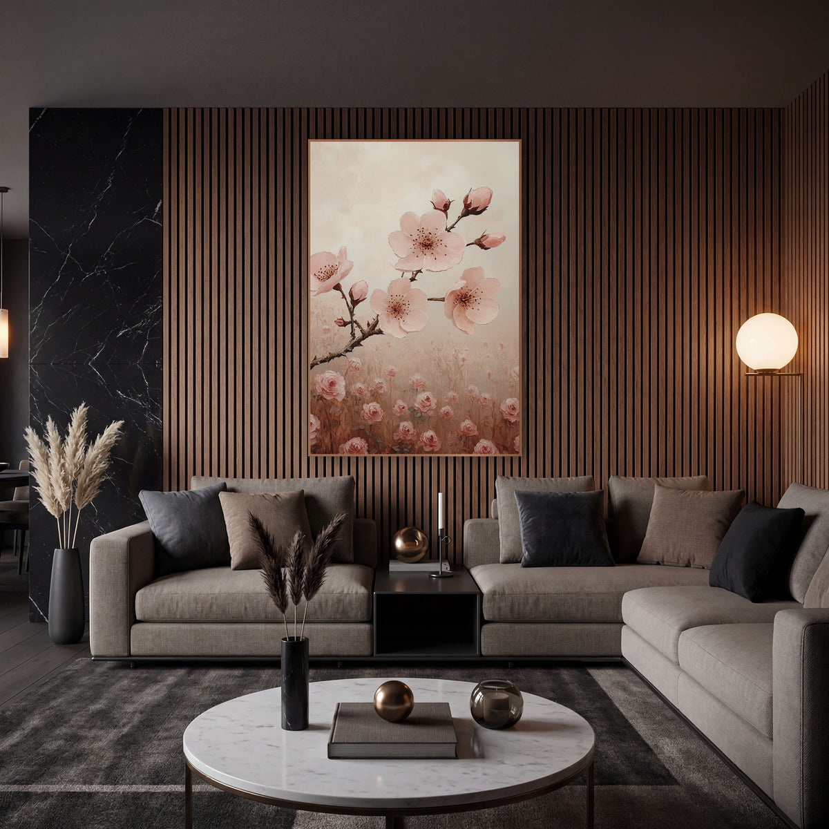 Blossoms Above Rose Field Dreamy wall art in an elegant modern room – pink blossoms and buds on a thorny branch above