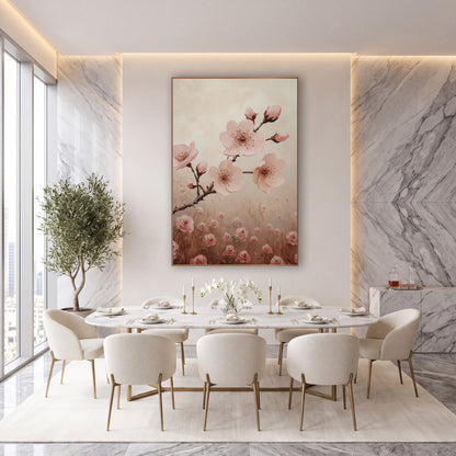 Blossoms Above Rose Field Dreamy wall art in an elegant modern room – pink blossoms and buds on a thorny branch above