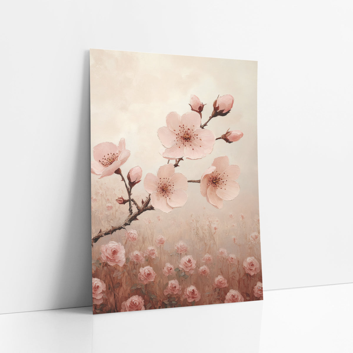 Blossoms Above Rose Field Dreamy art print leaning against a white wall – pink blossoms and buds on a thorny branch above