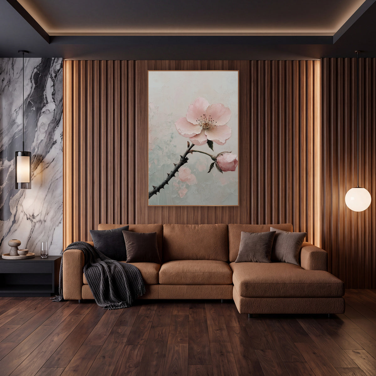 Blush Pink Blossom Branch Botanical wall art in an elegant modern room – blush pink blossom and bud on a dark thorny