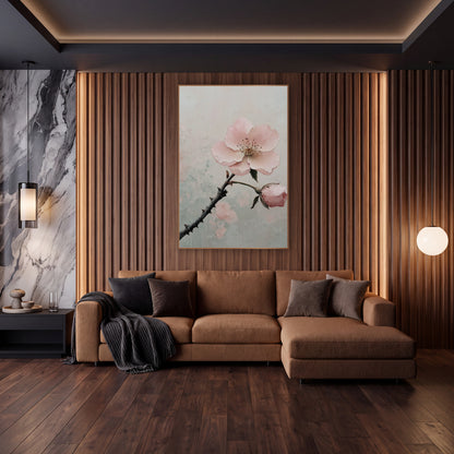Blush Pink Blossom Branch Botanical wall art in an elegant modern room – blush pink blossom and bud on a dark thorny