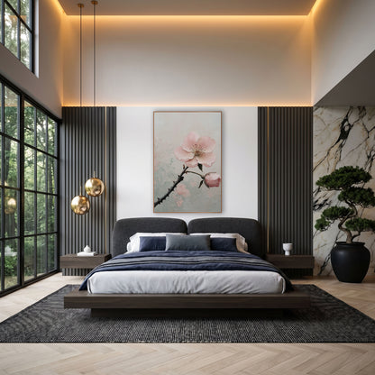 Blush Pink Blossom Branch Botanical wall art in an elegant modern room – blush pink blossom and bud on a dark thorny