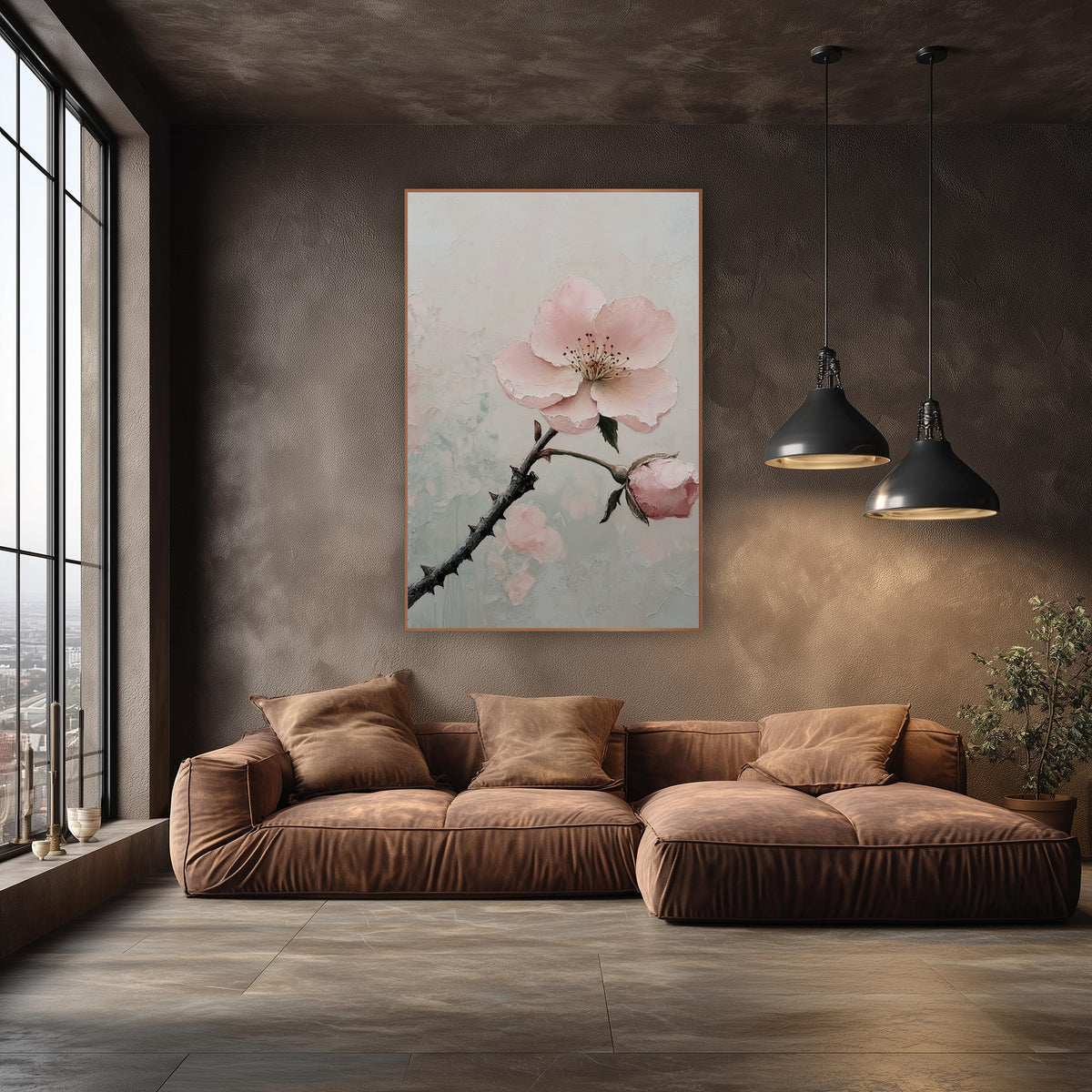 Blush Pink Blossom Branch Botanical wall art in an elegant modern room – blush pink blossom and bud on a dark thorny