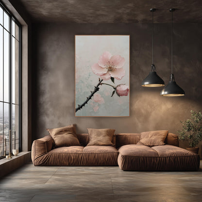 Blush Pink Blossom Branch Botanical wall art in an elegant modern room – blush pink blossom and bud on a dark thorny
