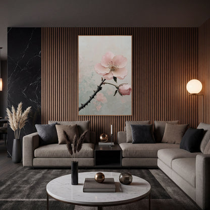 Blush Pink Blossom Branch Botanical wall art in an elegant modern room – blush pink blossom and bud on a dark thorny
