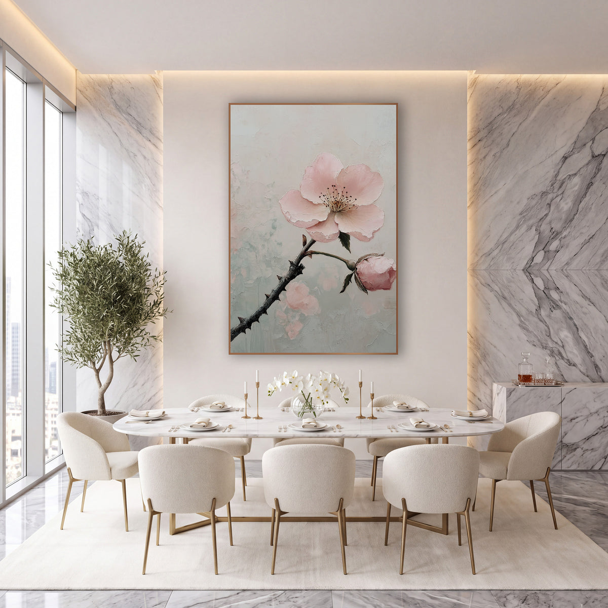 Blush Pink Blossom Branch Botanical wall art in an elegant modern room – blush pink blossom and bud on a dark thorny