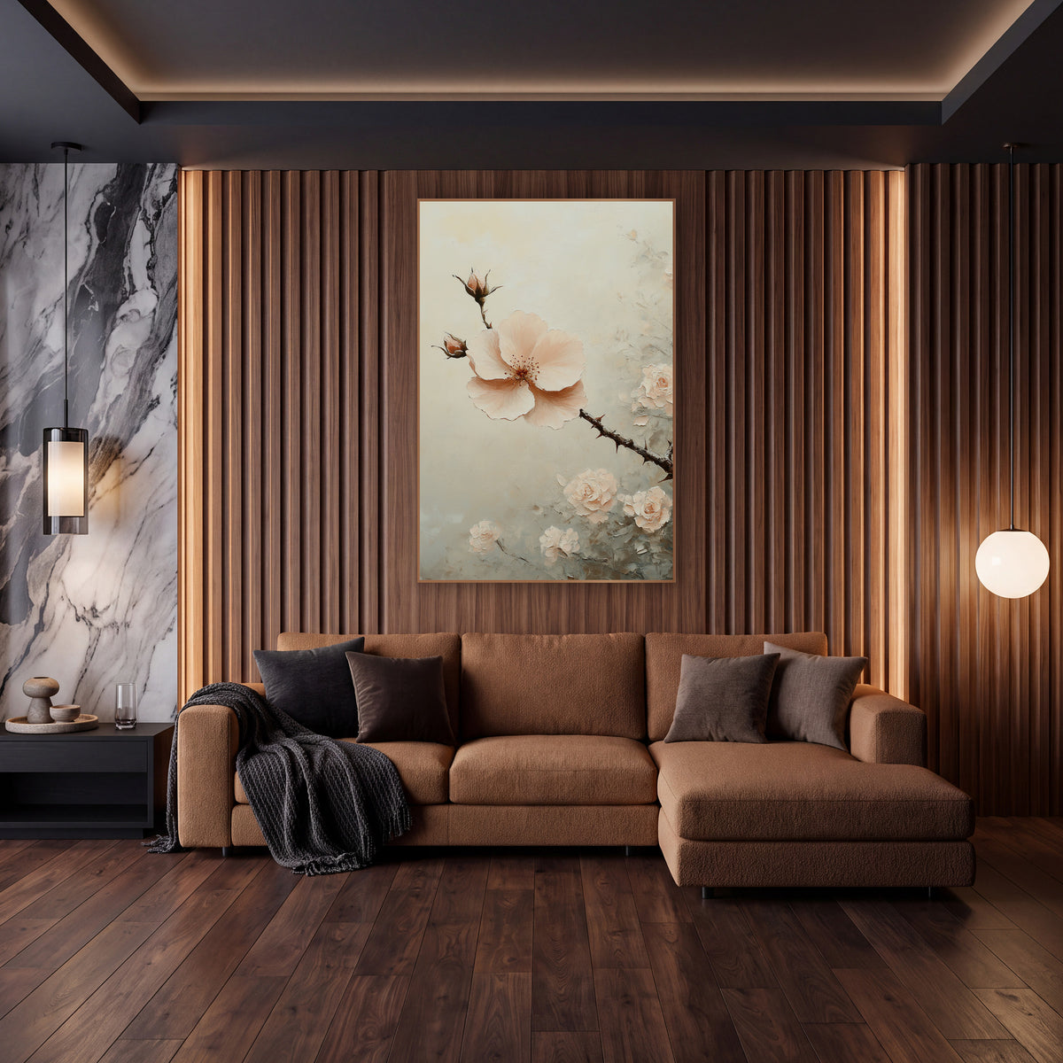 Blush Rose Branch Floral Luxury wall art in an elegant modern room – blush pink open flower and buds on a thorny