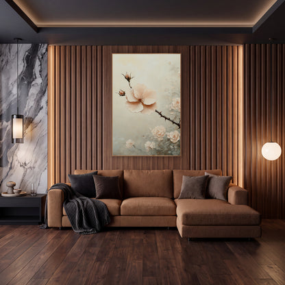 Blush Rose Branch Floral Luxury wall art in an elegant modern room – blush pink open flower and buds on a thorny