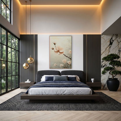 Blush Rose Branch Floral Luxury wall art in an elegant modern room – blush pink open flower and buds on a thorny
