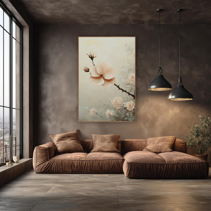 Blush Rose Branch Floral Luxury wall art in an elegant modern room – blush pink open flower and buds on a thorny
