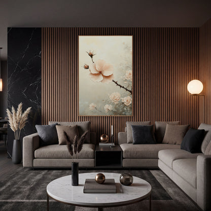 Blush Rose Branch Floral Luxury wall art in an elegant modern room – blush pink open flower and buds on a thorny