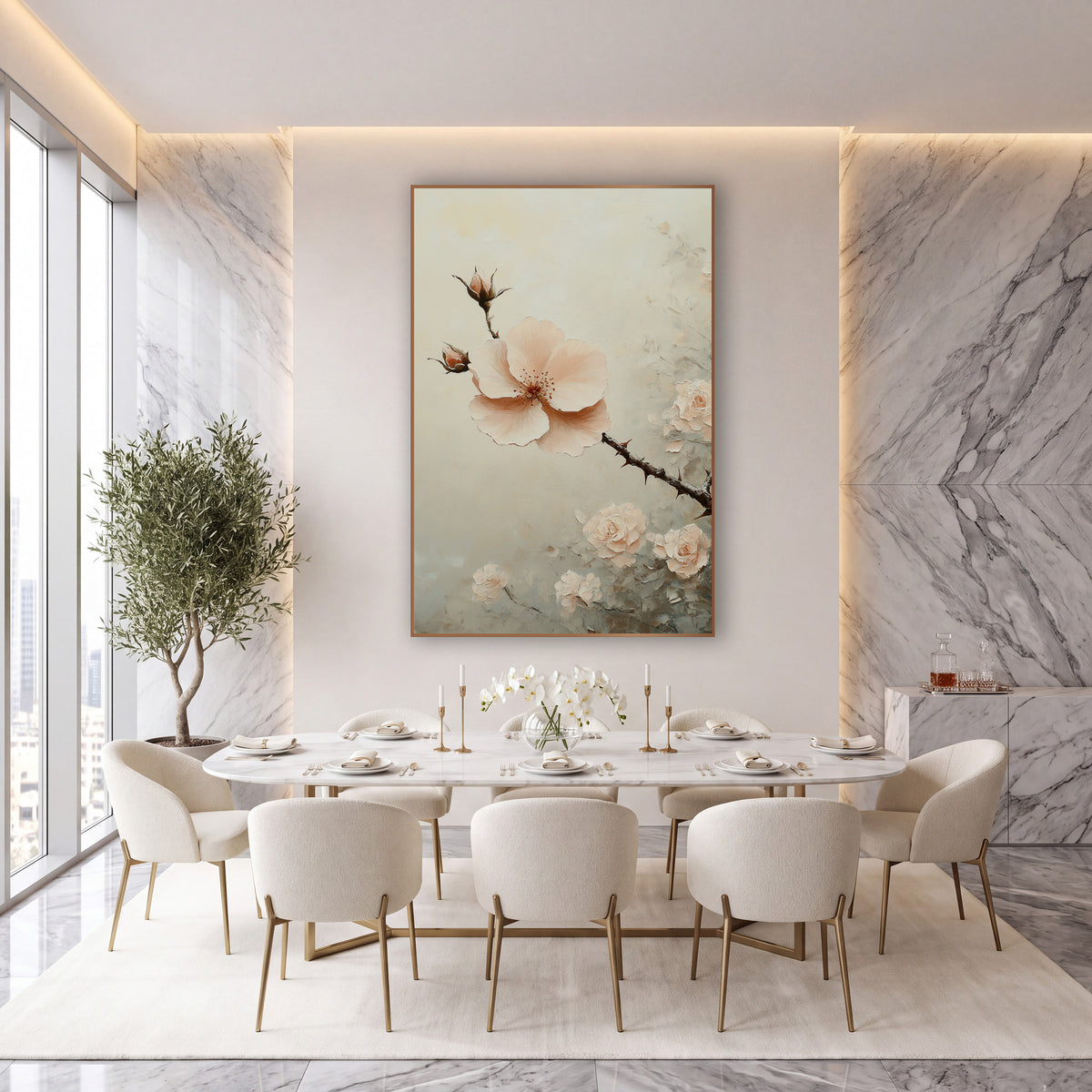 Blush Rose Branch Floral Luxury wall art in an elegant modern room – blush pink open flower and buds on a thorny