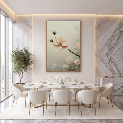 Blush Rose Branch Floral Luxury wall art in an elegant modern room – blush pink open flower and buds on a thorny